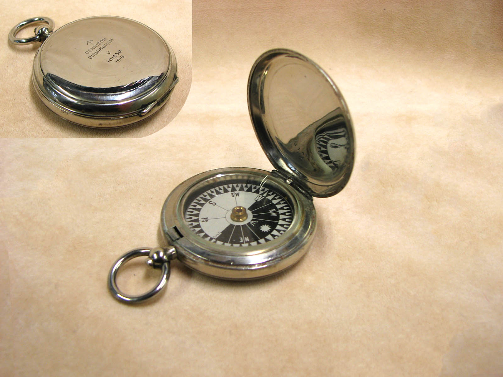 WW1 Dennison MK V pocket compass with Singers Patent style dial dated 1916